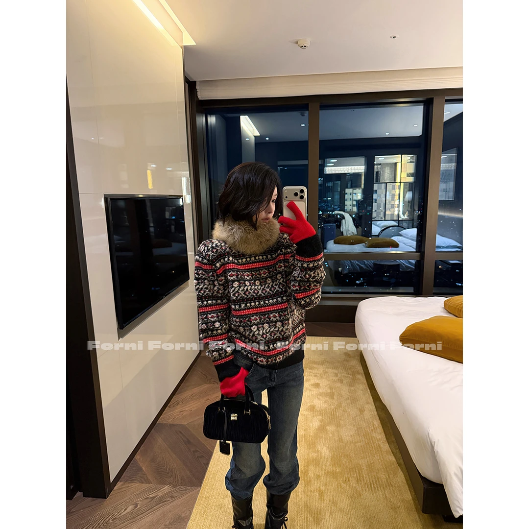 FORNI 圣诞预热 北欧复古风费尔岛提花羊毛针织套头毛衣