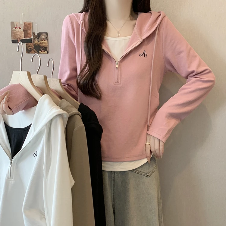 假两件撞色卫衣女秋冬新款2025大码长袖上衣宽松韩版百搭连帽T恤