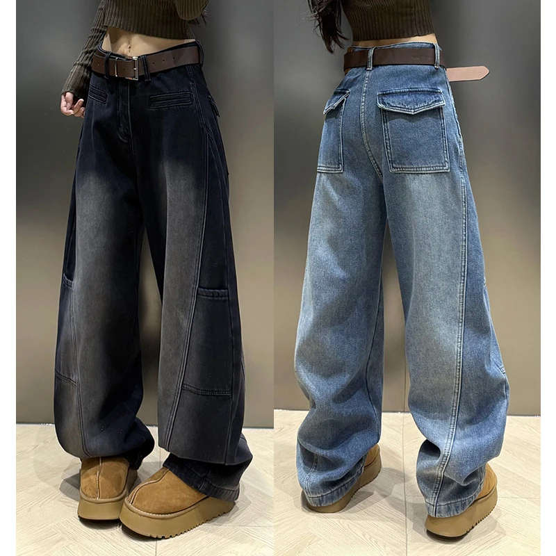 设计感晕染牛仔裤女2025冬季新款宽松加绒加厚修身直筒阔腿裤子潮