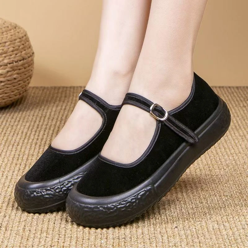 老北京布鞋女平底妈妈鞋黑色休闲透气一脚蹬女士软底上班平跟