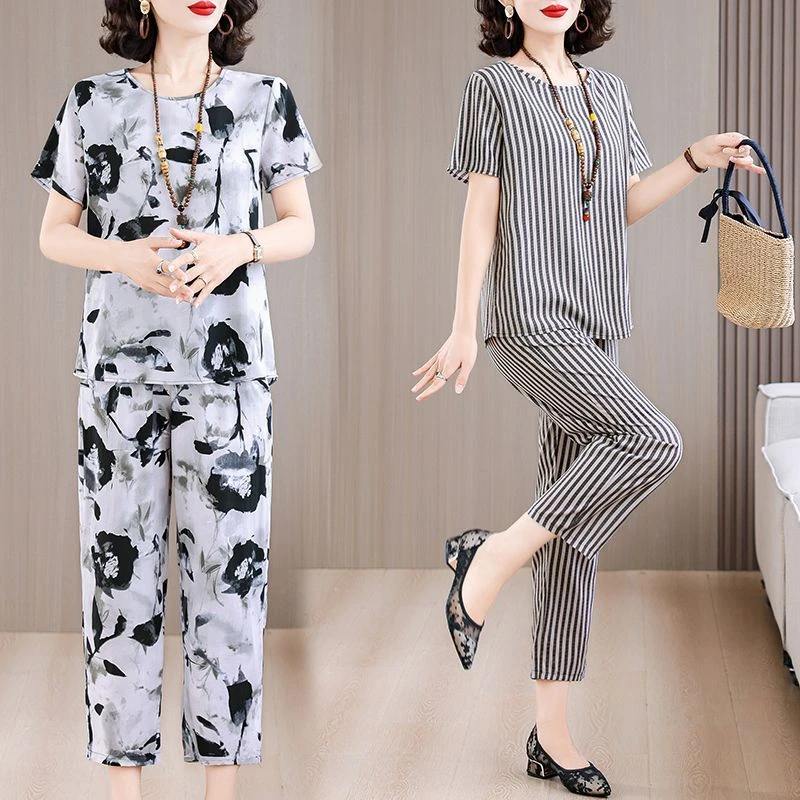 棉绸套装夏季时尚外穿洋气新款休闲显瘦宽松人造棉短袖两件套大码