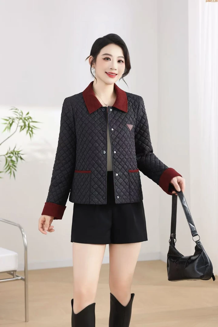 W1129时尚简约菱格棉衣短外套女秋冬轻便保暖休闲棉服