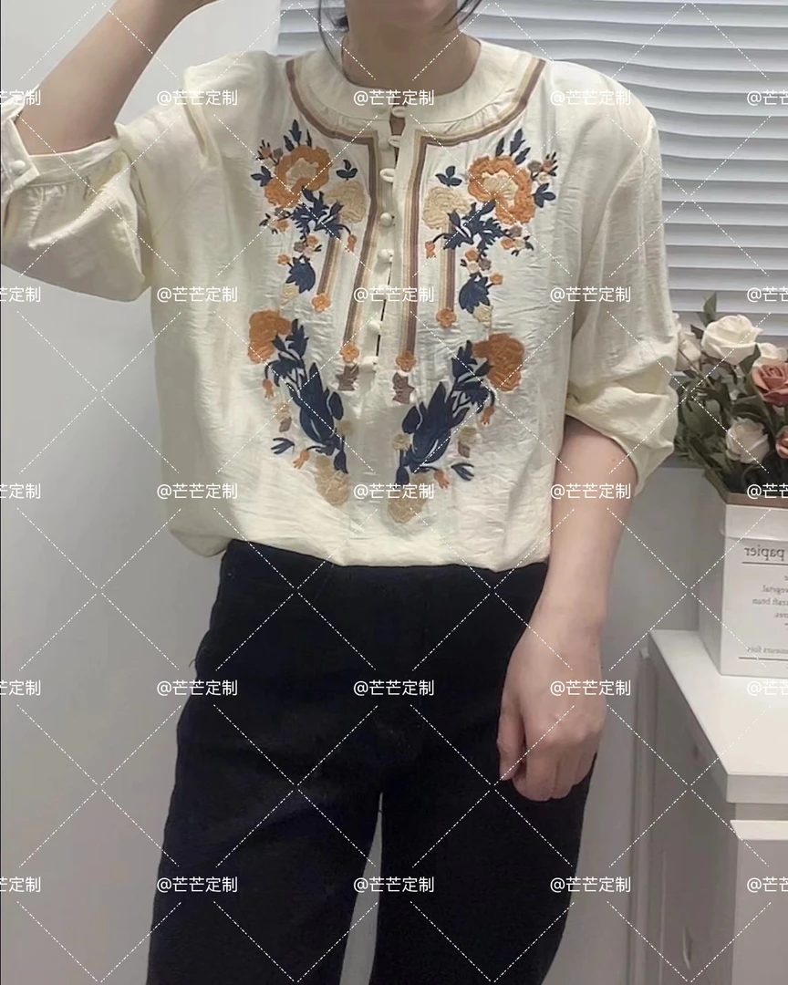 芒芒定制-复古刺绣衬衫宽松文艺中袖上衣气质百搭衬衣