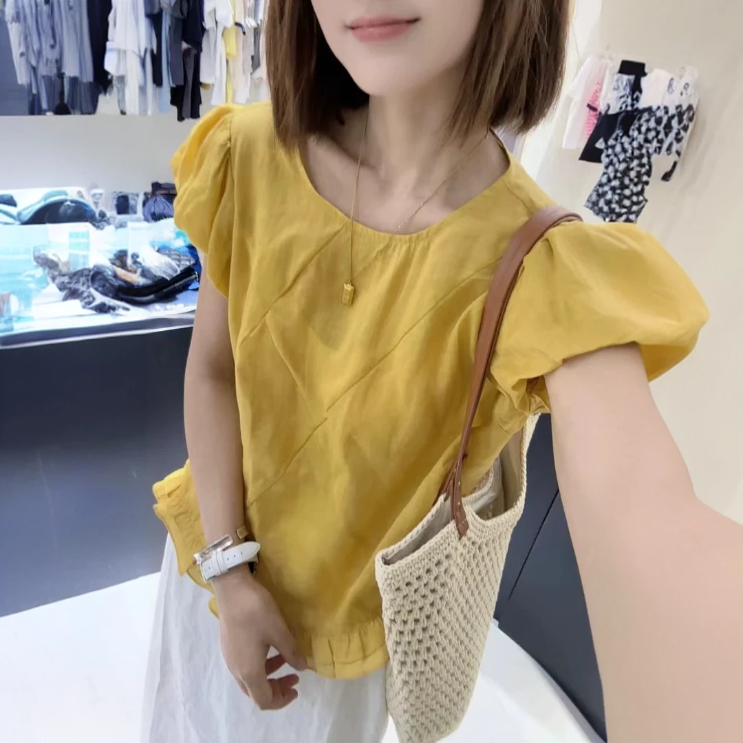 短袖明线装饰圆领花苞袖夏季衬衫方领小衫夏装上衣显瘦气质时尚