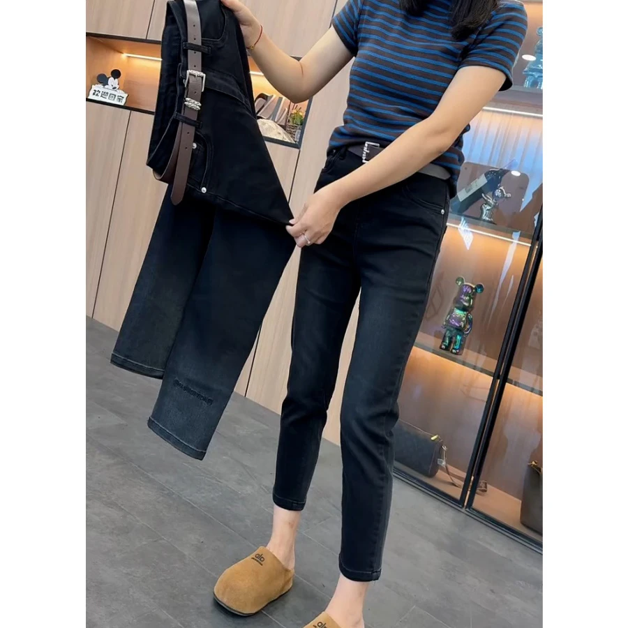 黑灰色高腰弹力直筒牛仔裤女春秋新款梨形渐变大码显瘦九分烟管裤