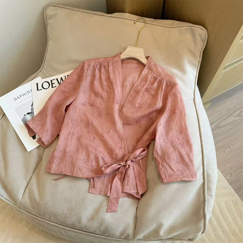 法式时尚V领衬衫女2025年春秋夏季新款小众洋气纯色设计感上衣潮