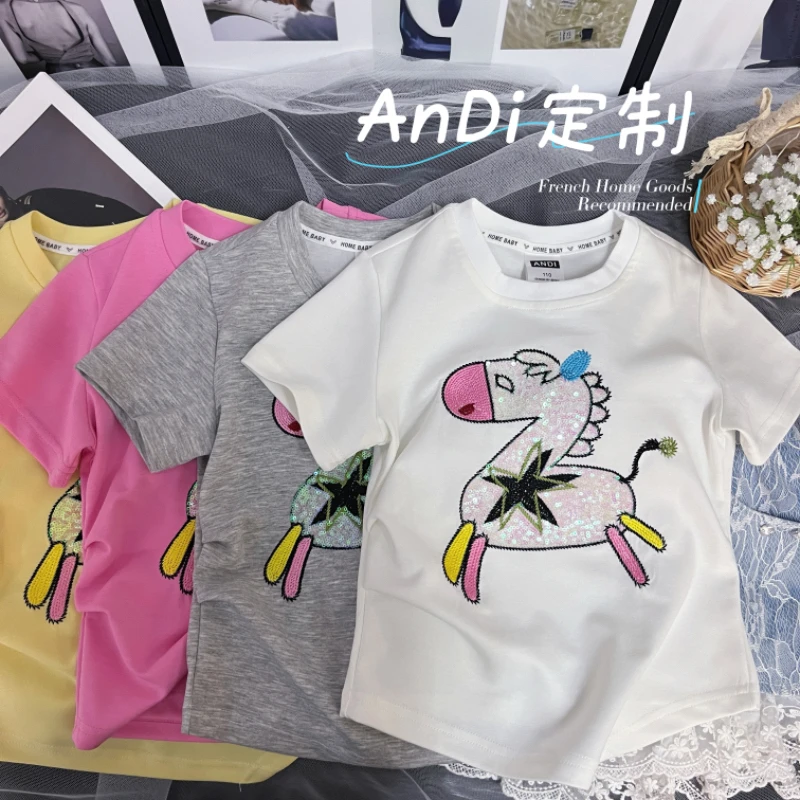 〖ANDI〗安迪订制中大童女童百搭亮片小马图案时尚短袖4047