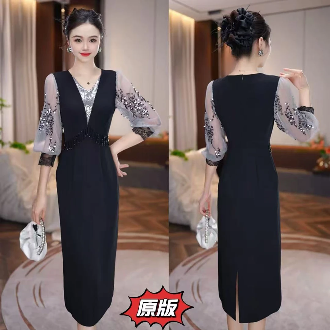 [银河万里]高档冰丝TR时尚连衣裙2025早秋新款显瘦洋气减龄礼服裙