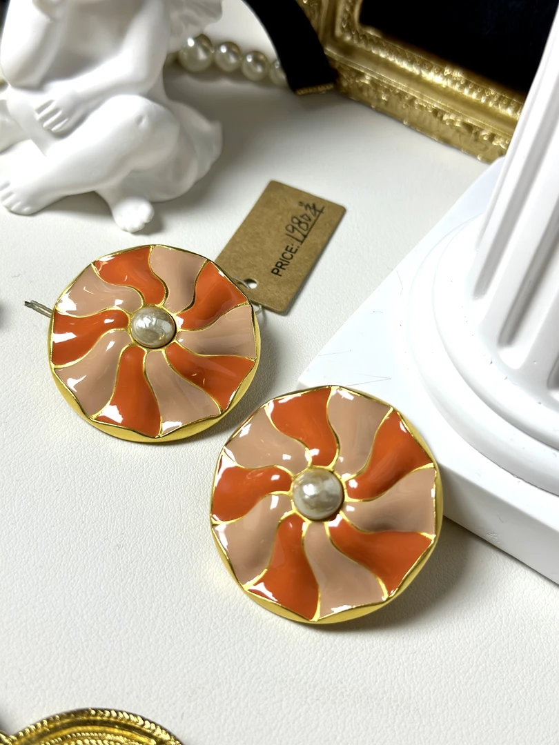 合金珐琅耳饰 中古老佛爷珐琅珍珠盾牌大耳夹（无鉴赏期）