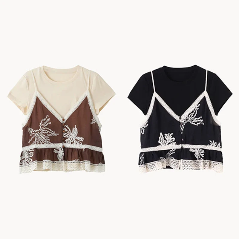 欧货夏季新款圆领雷丝拼接假两件短袖T恤女时尚设计感减龄上衣潮