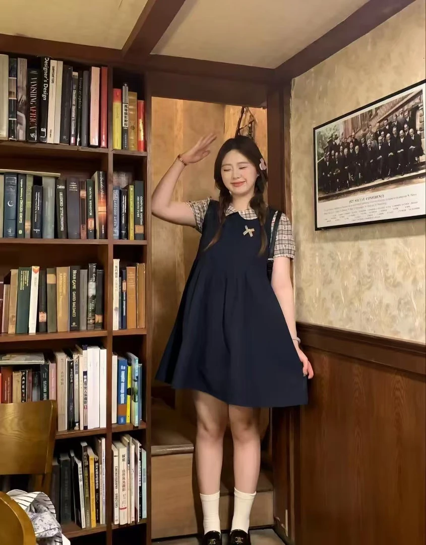 日系复古学院风假两件娃娃领拼接连衣裙夏绝美小个子宽松短裙漂亮