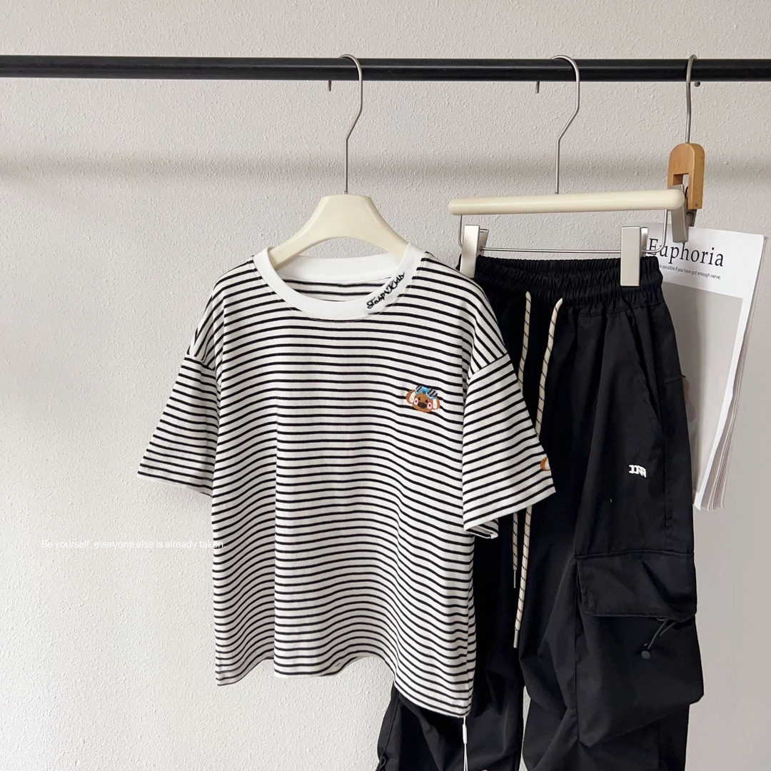 柳柳定制 2025夏季新品880294领口绣花短袖T恤男女童韩版童装