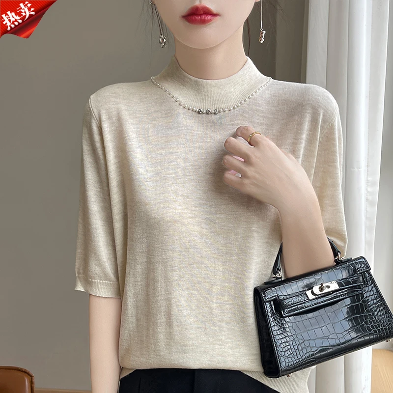 时尚品牌正品夏季新款纯色半高领针织短袖气质显瘦百搭套头上衣