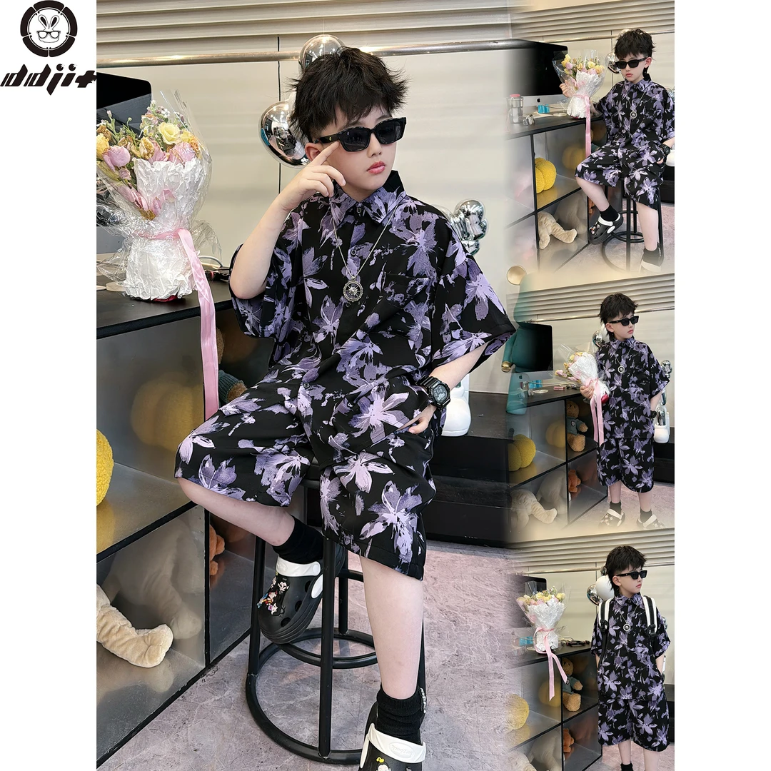 蛋蛋家【难以抵抗】夏季新款儿童黑紫叶子衬衣款套装2025年款衣服