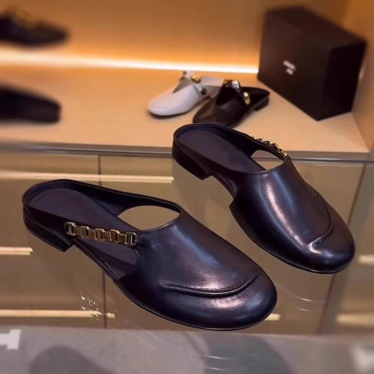 真皮镂空金属英伦风包头拖女欧洲站2025粗跟气质半拖外穿时尚凉拖