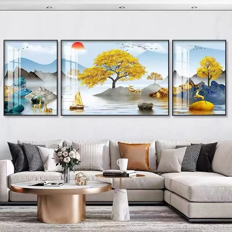 经典山水装饰画沙发背景墙挂画复古风大厅三联壁画