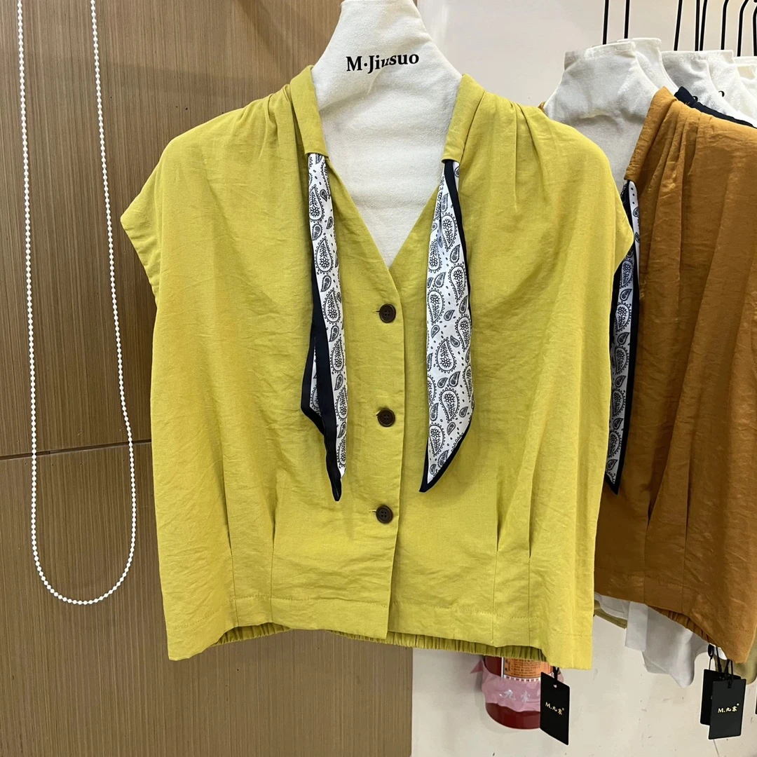 夏季短款V领无袖褶皱纽扣衬衫时尚百搭女士气质上衣