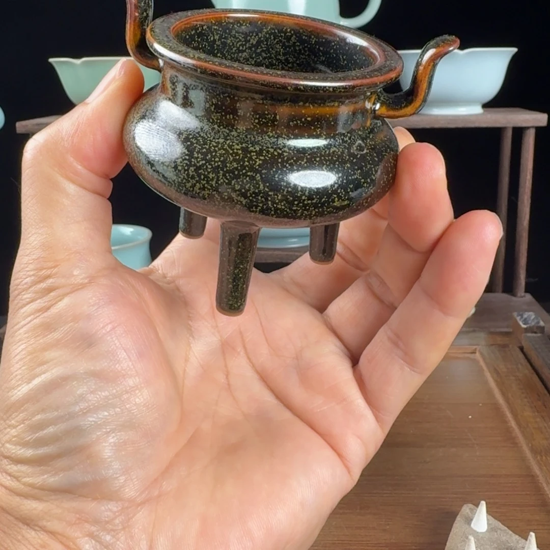 摆件汝瓷茶叶末有高足小香炉