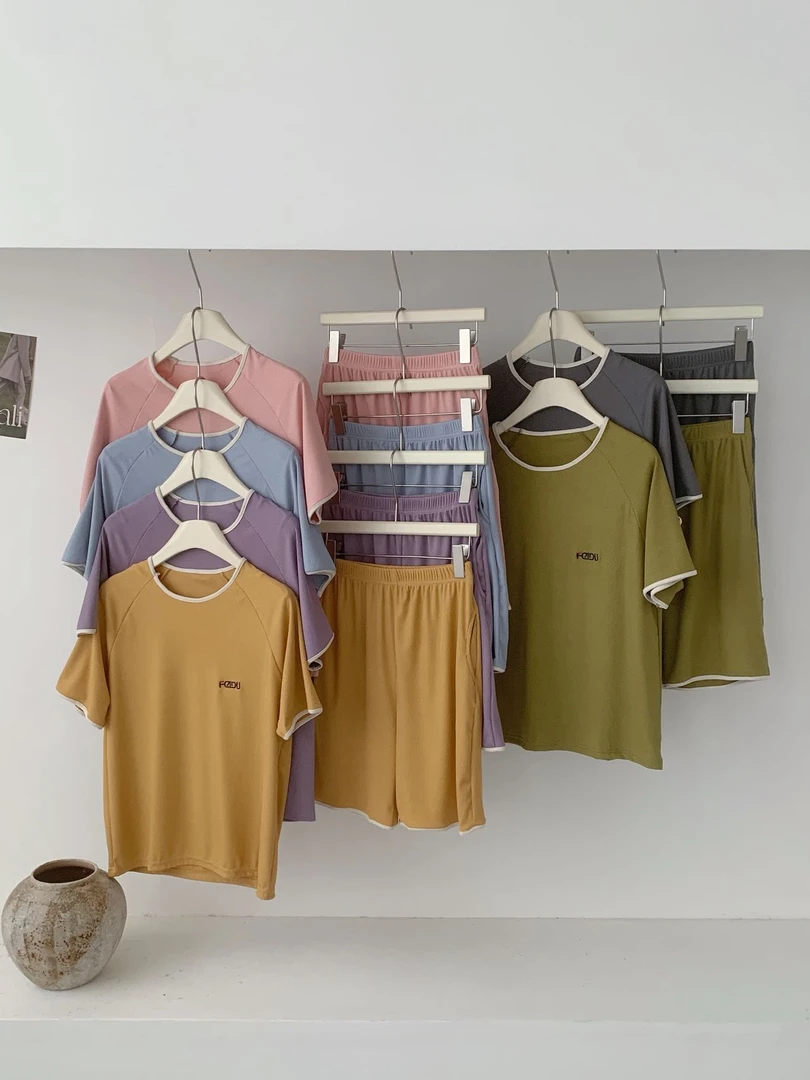 小米那 【酷斯棉】云感撞色套装睡衣家居服（短袖+短裤两件套有口袋）