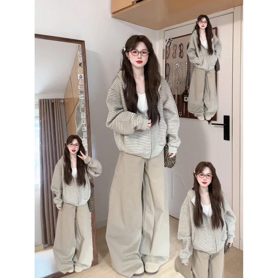 韩系复古百搭个性条纹连帽卫衣男女秋冬季通勤加绒休闲开衫外套潮