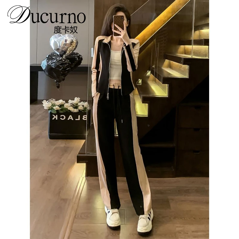 休闲时尚拼色长袖运动套装女秋2025开衫卫衣阔腿裤两件套减龄显瘦