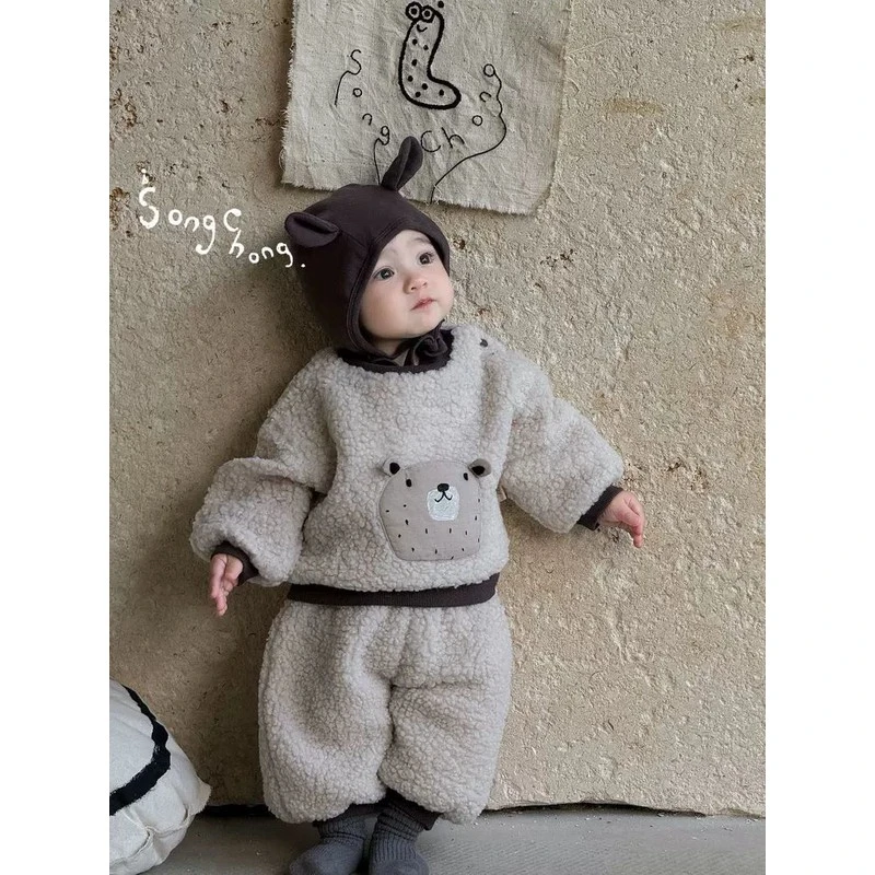 松虫童装秋冬款超可爱加绒卫衣套装小熊绒绒卫衣卫裤韩系保暖套装