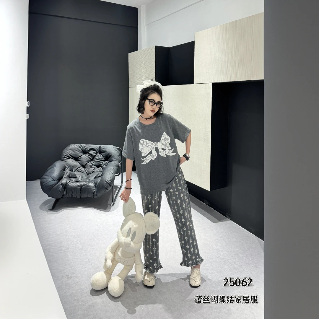 【蝴蝶飞飞】春夏蝴蝶结袖长裤可爱宽松纯棉可外穿休闲家居服25062
