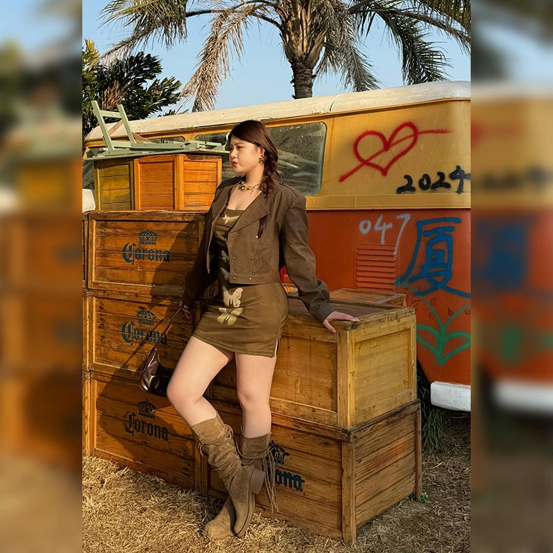 DMcc【心动一夏】美式性感辣妹蝴蝶扎染吊带裙+复古短款机车服外套