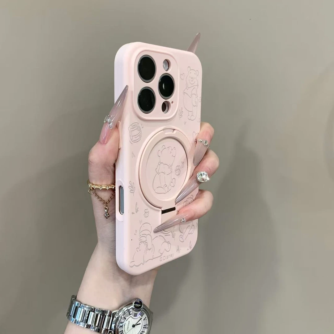 可爱卡通小熊支架适用iPhone16promax手机壳15创意个性14pro液态