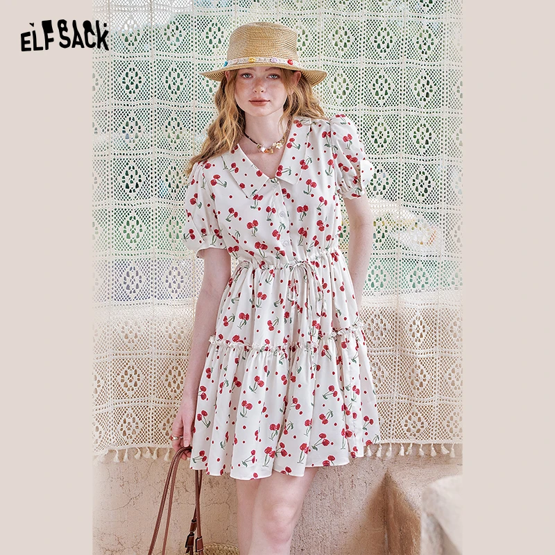 妖精的口袋新夏季樱桃印花收腰连衣裙女甜美气质短款裙子25200088