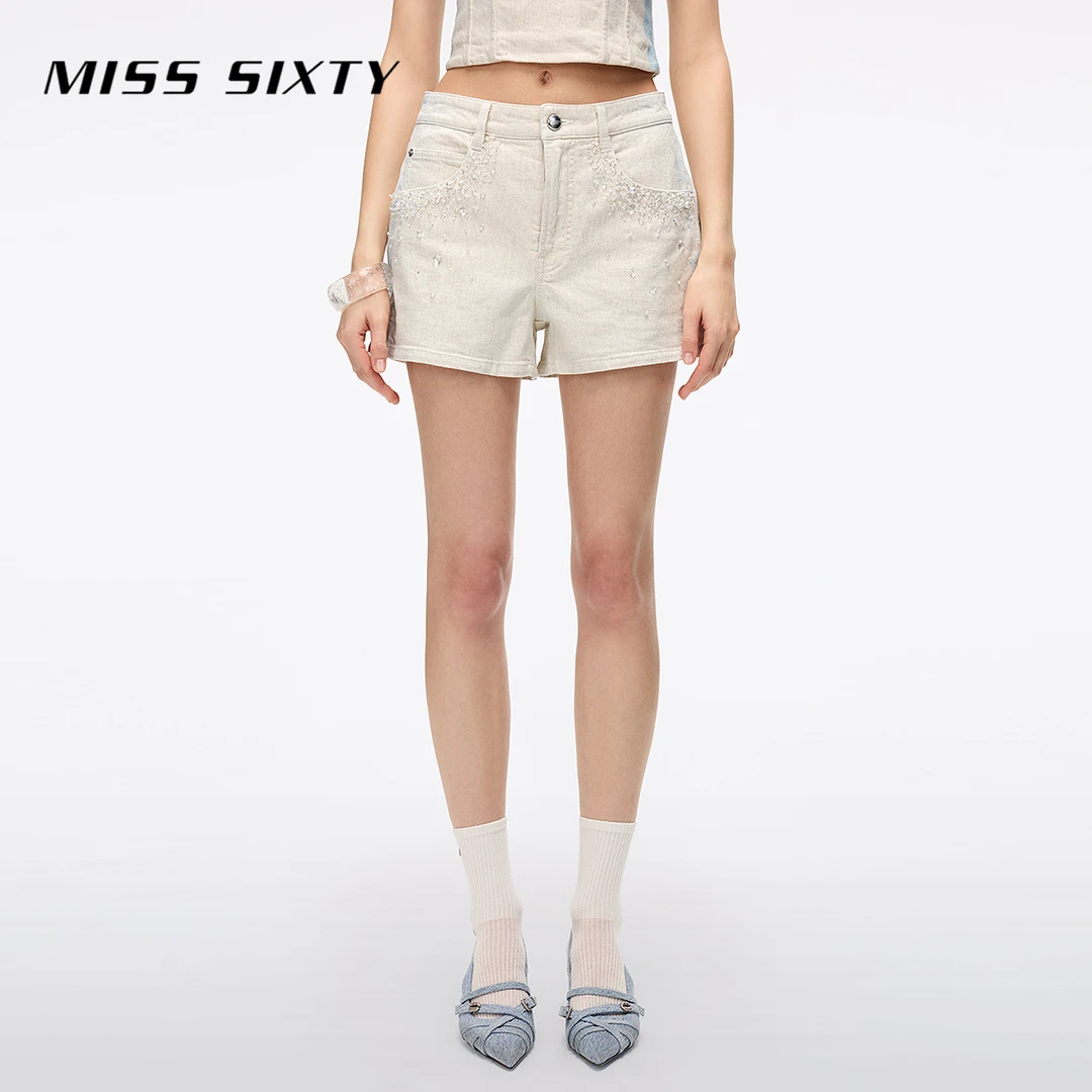 【进口牛仔面料】Miss Sixty2025夏季新款牛仔短裤女含汉麻钉珠
