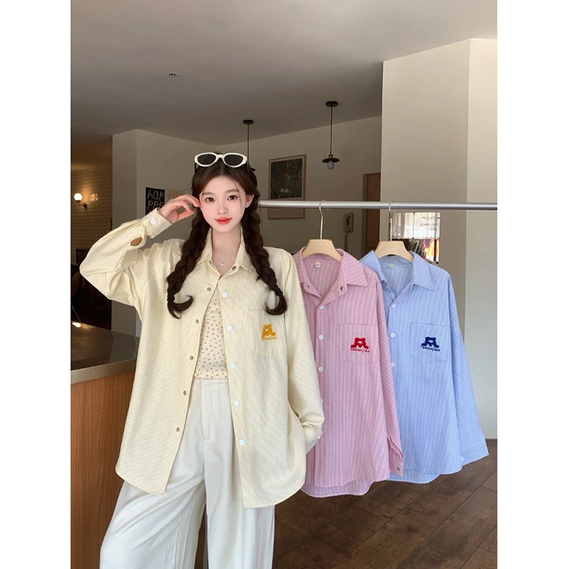 【现货】大码法式条纹长袖衬衫女薄款防晒衬衣宽松显瘦上衣-25021