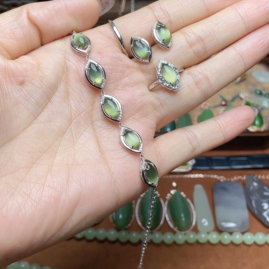 和田玉（碧玉）银S925镶嵌吊坠(不含链)套装