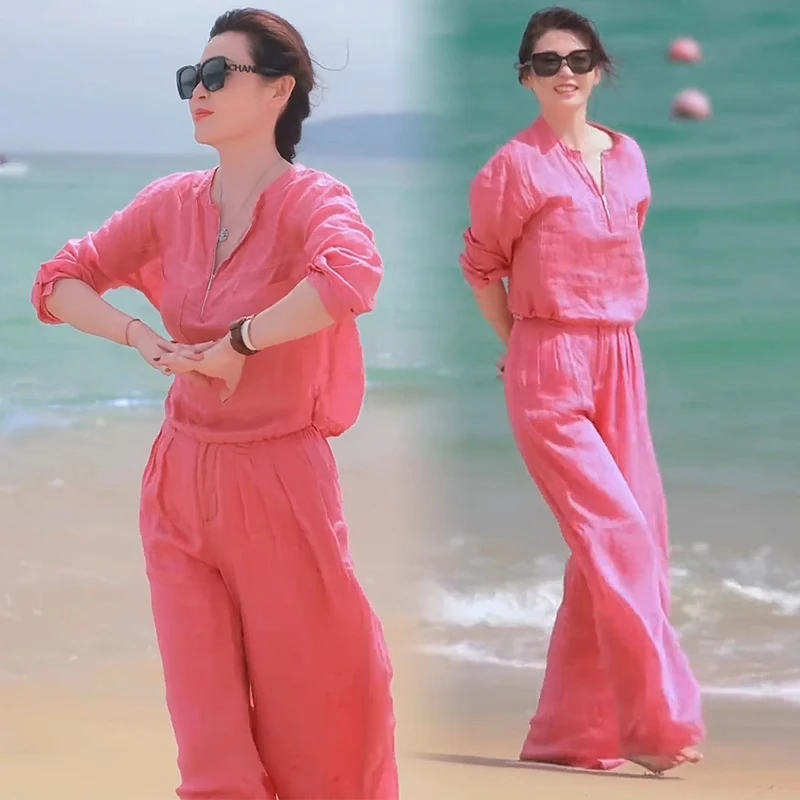 时尚套装女2025春季新款洋气宽松显瘦衬衫垂感阔腿裤休闲两件套