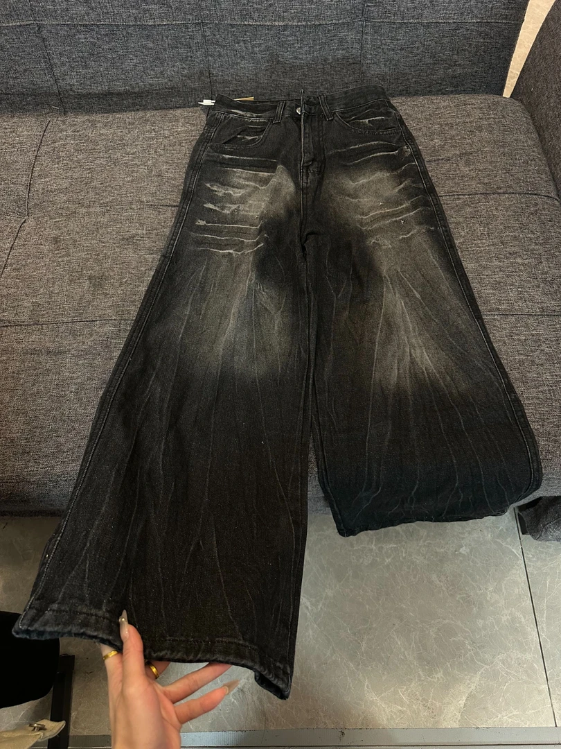 K2 美式复古水洗做旧大码牛仔裤男女春秋季设计感宽松直筒阔腿裤