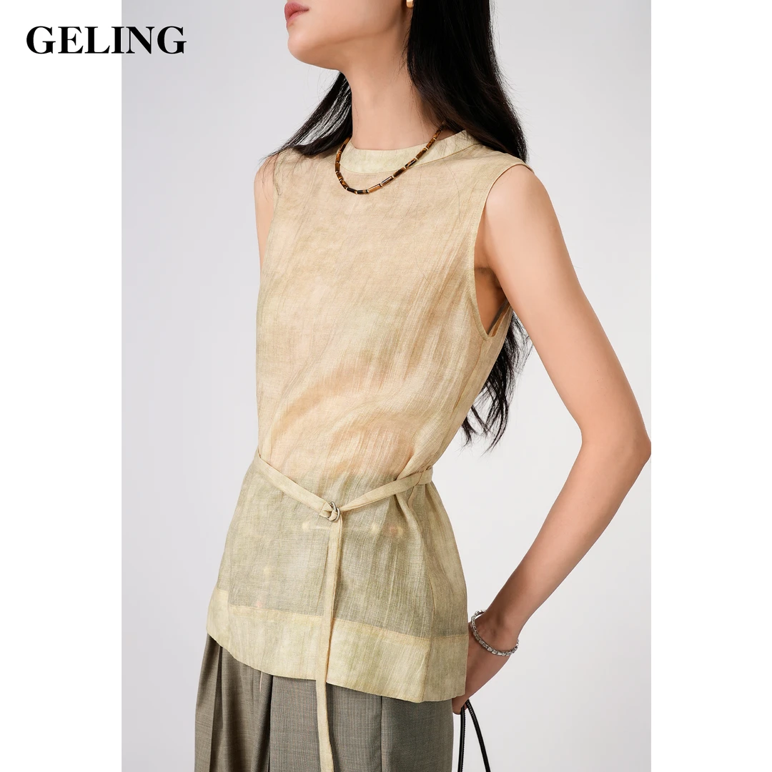 GELING/歌&玲系带立领休闲上衣印花无袖背心圆领G512X120C