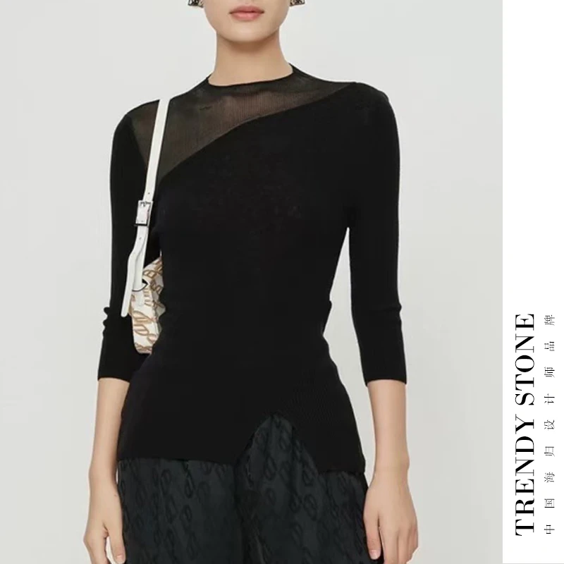 潮石新款显瘦修身黑色拼接长袖打底毛衣T71089310