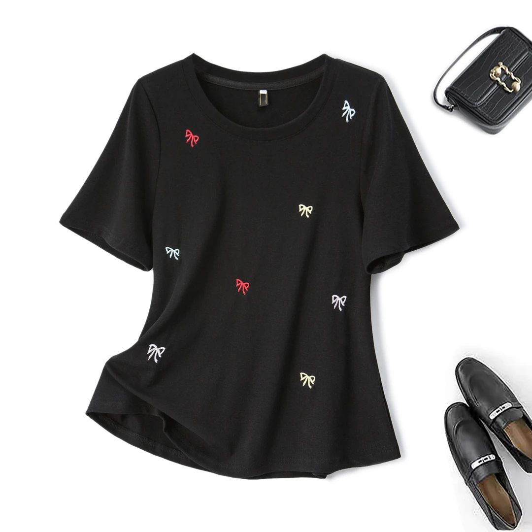 清2025夏季韩系大码女装刺绣蝴蝶结短袖t恤休闲显瘦正肩上衣64256