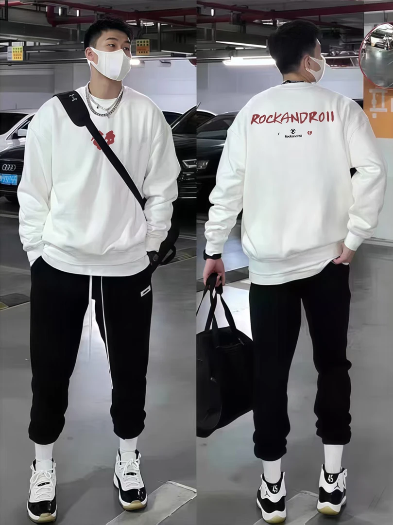 重磅圆领卫衣男秋冬款外套美式休闲潮牌宽松百搭无帽长袖套头上衣