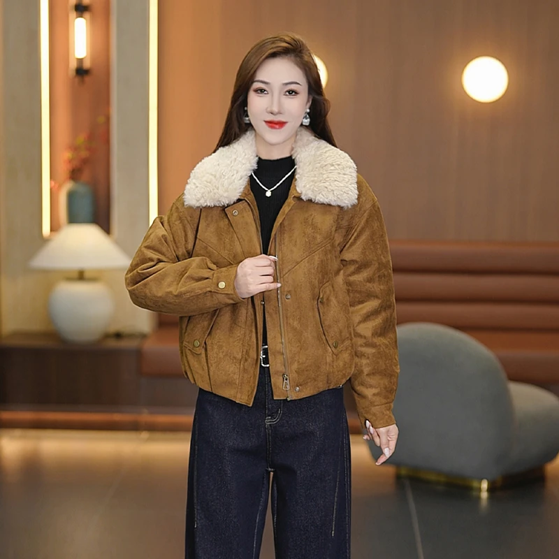 爆款夹棉加厚可脱卸毛领麂皮绒棉服外套女秋冬2025夹克保暖派克服