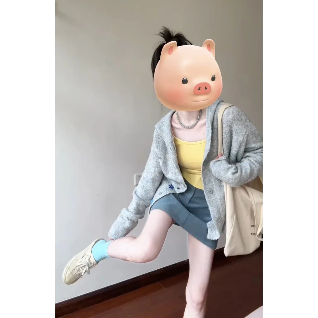 MARIE.COCO韩系漂亮温柔风灰色连帽针织开衫外套吊带半身裙三件套