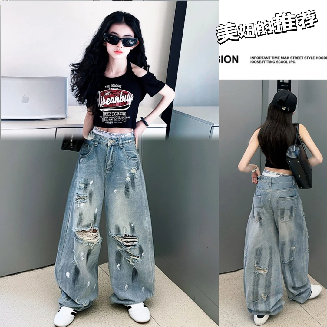 女童裤子2025新款中大童夏季薄款短袖泼墨牛仔裤嘻哈美式复古套装