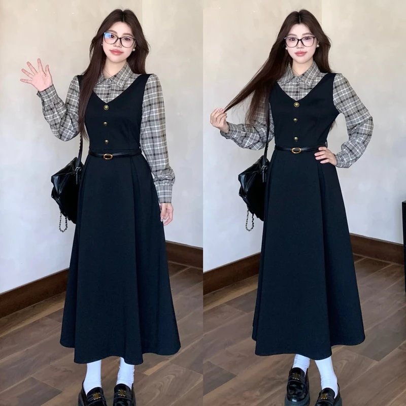 大码胖妹妹秋季学院风假两件女系带格纹拼接长袖格纹连衣裙