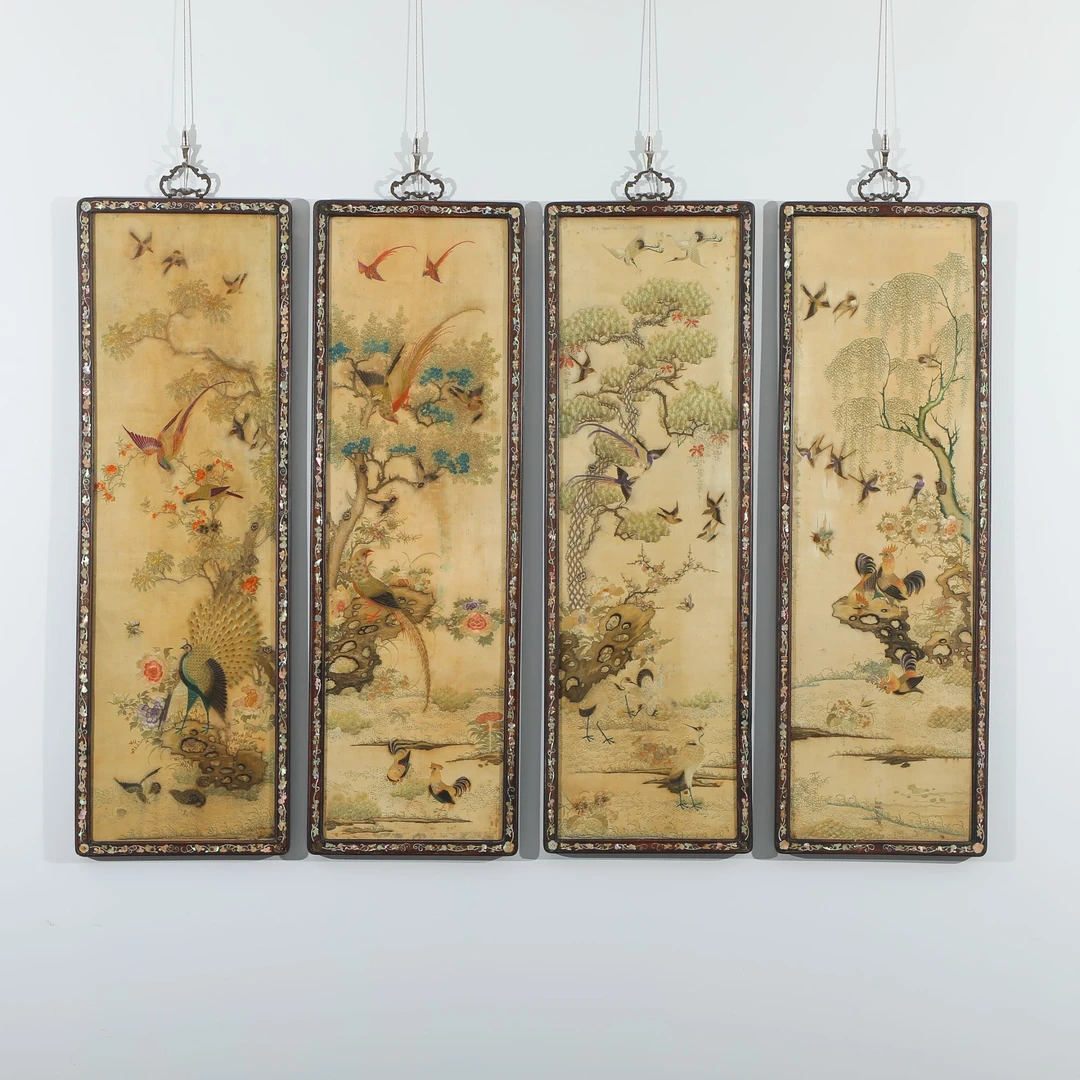 15. 清 粤绣“屏开富贵”图四条屏【古董拍卖】