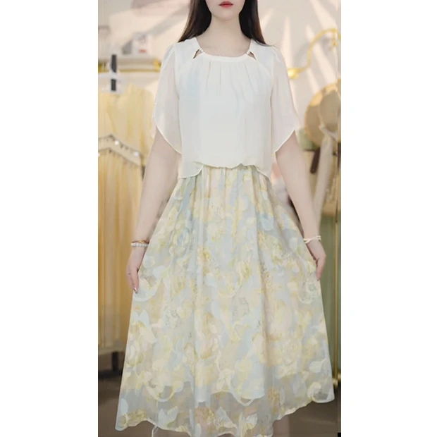 L5302百搭拼接显瘦连衣裙2025夏季新款短袖收腰减龄休闲宽松裙子