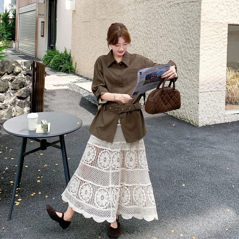 美拉德PU皮衬衫镂空半裙2025春秋新款复古氛围感韩系INS风套装裙