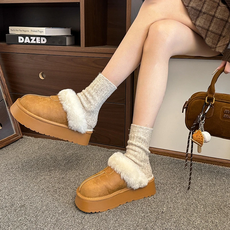 厚底雪地靴毛毛拖鞋女外穿包头半拖2025新款冬季一脚蹬加绒棉拖鞋