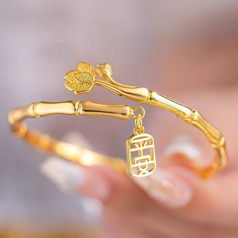 黄铜手镯 原创设计复古宫廷民族风金色莲花平安女款手镯