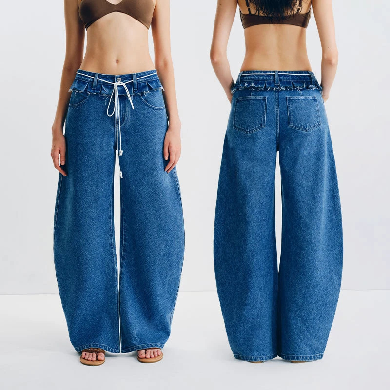 PUKI 原创经典蓝色显瘦木耳边双腰头长裤弯刀水洗百搭休闲牛仔裤