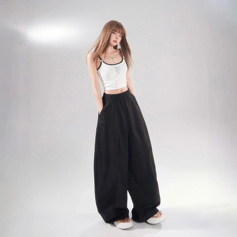 美式复古高腰宽松阔腿裤女松紧腰镰刀裤2025新款百搭阔腿香蕉裤子